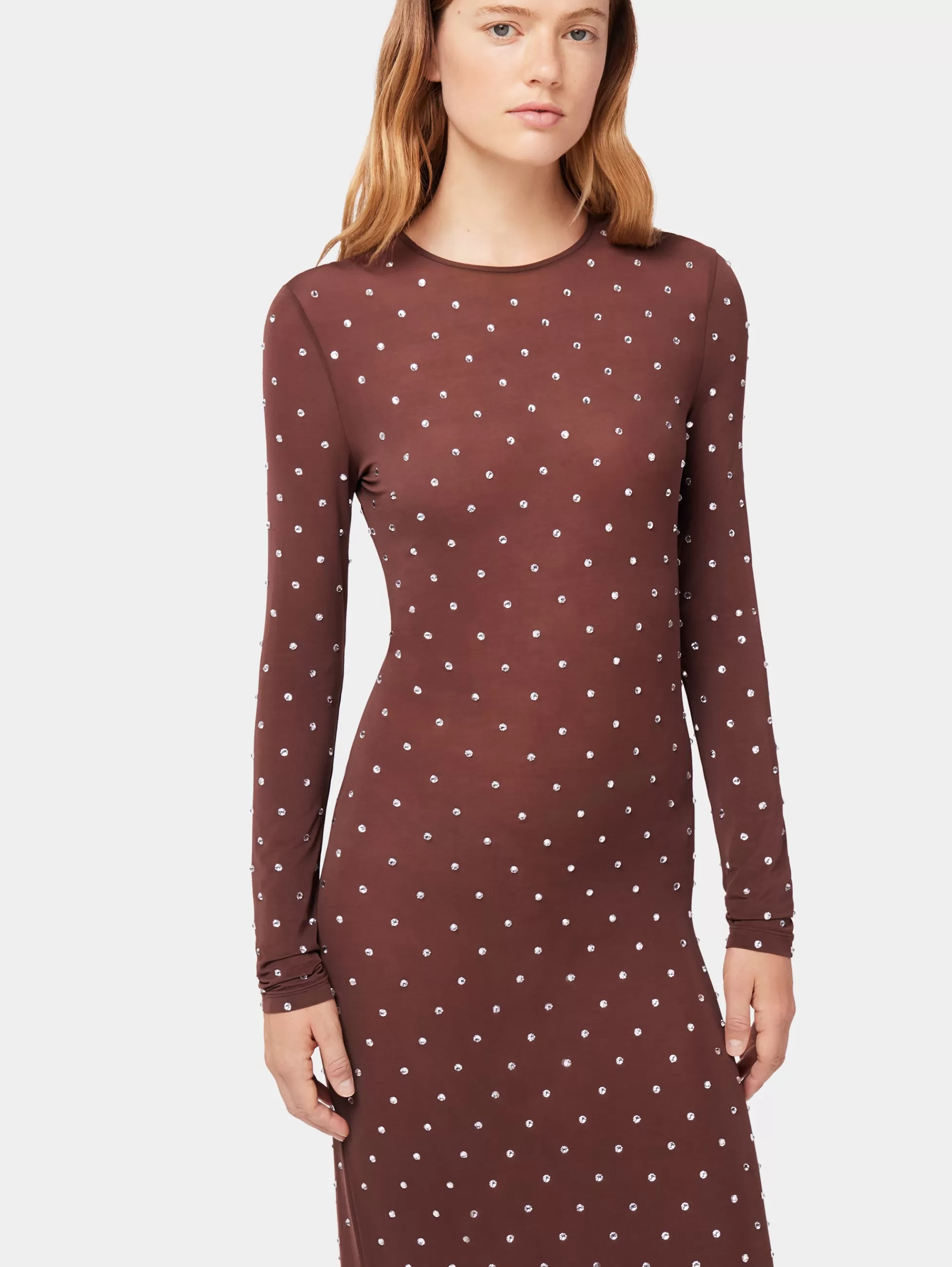 Rabanne Robes^ROBE LONGUE CHOCOLAT EN JERSEY SECONDE PEAU ORNÉE DE CRISTAUX