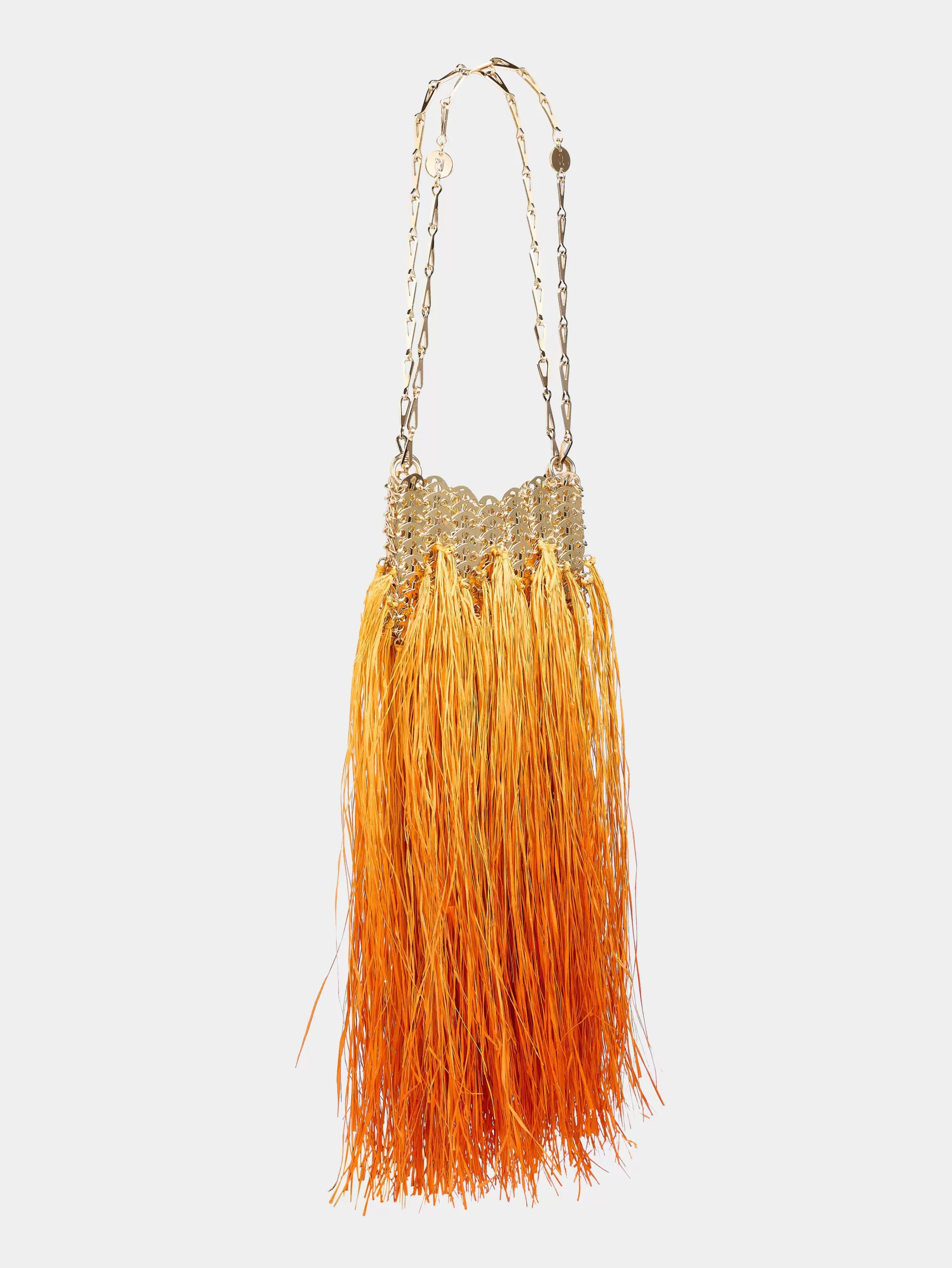 Rabanne Le Sac 1969^Sac 1969 nano or fait main avec des franges en raphia