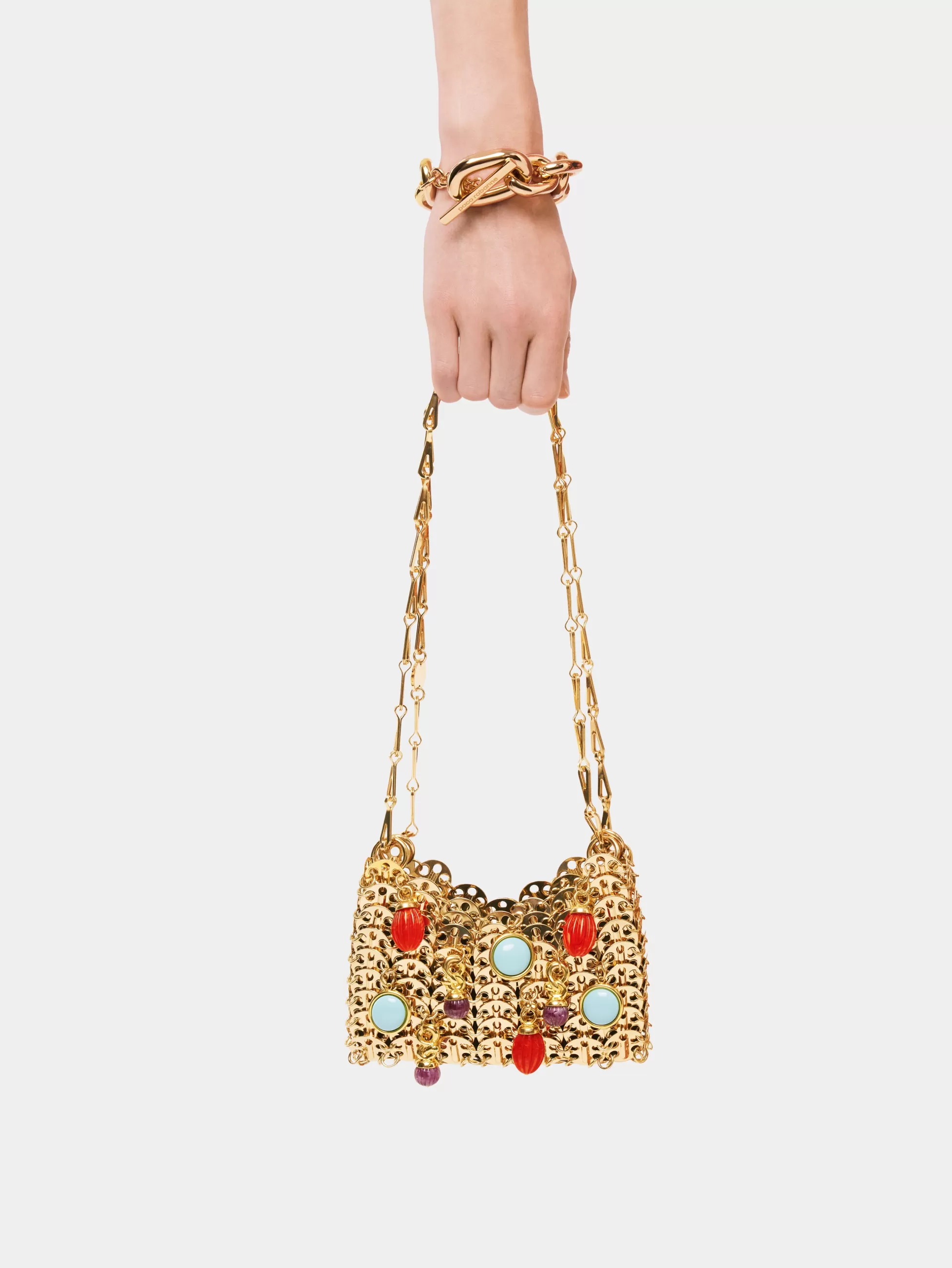 Rabanne Sacs Porté Épaule | Le Sac 1969^Sac 1969 nano or orné de breloques colorées