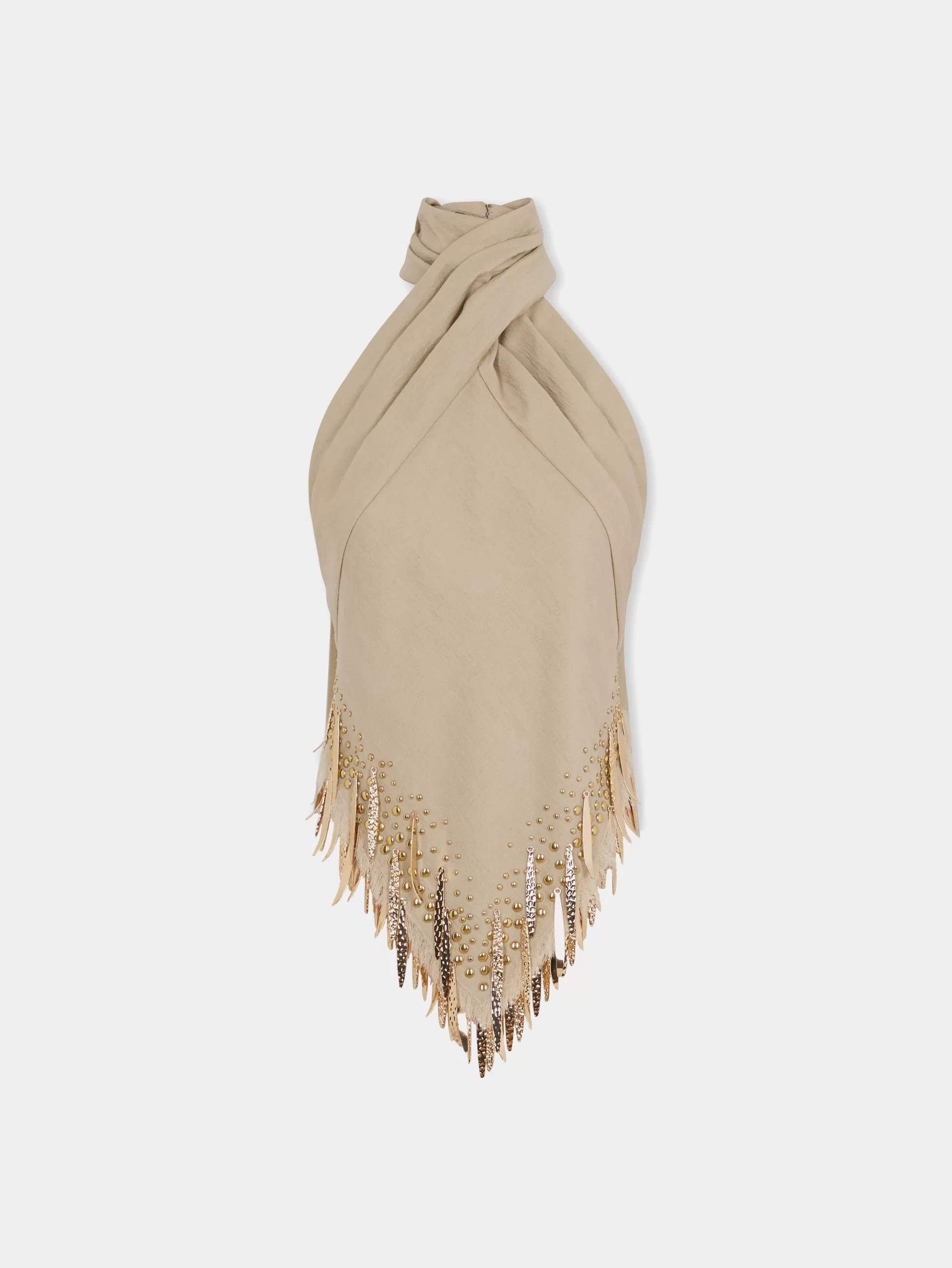 Rabanne Maille^Top en laine de couleur sable orné de détails de franges métalliques n